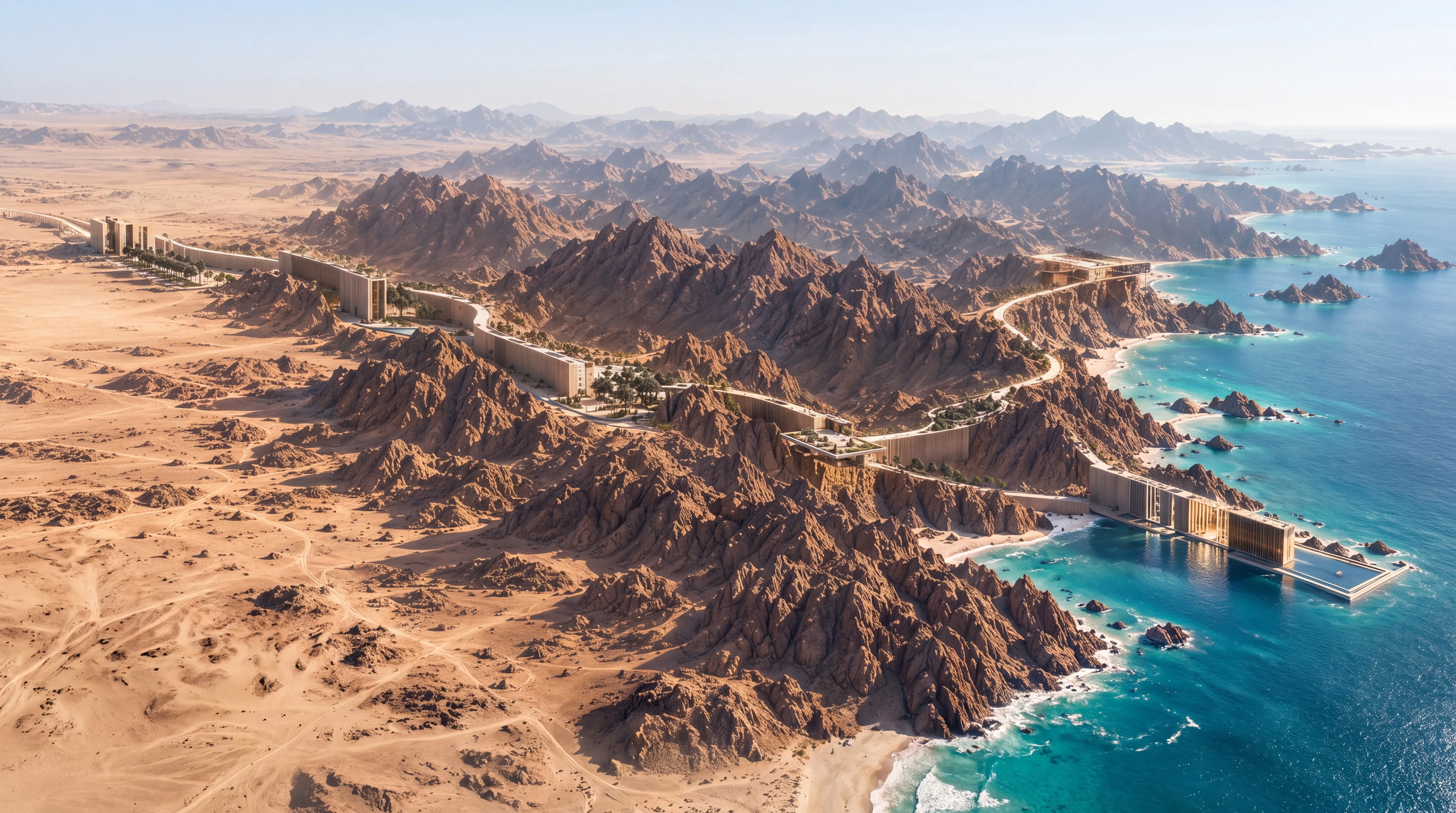Aerial view of the Line spanning desert mountains to the sea