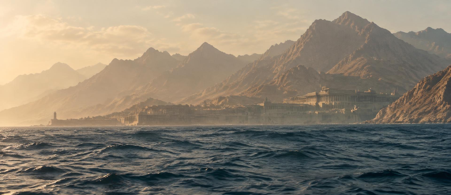 A hazy arid coastline rising from the sea with architecture along the shore