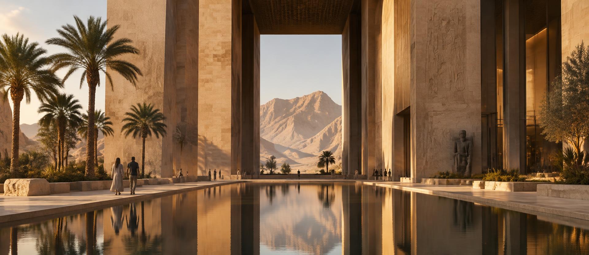 Colossal sandstone pavilion with a long reflecting water axis framing a mountain