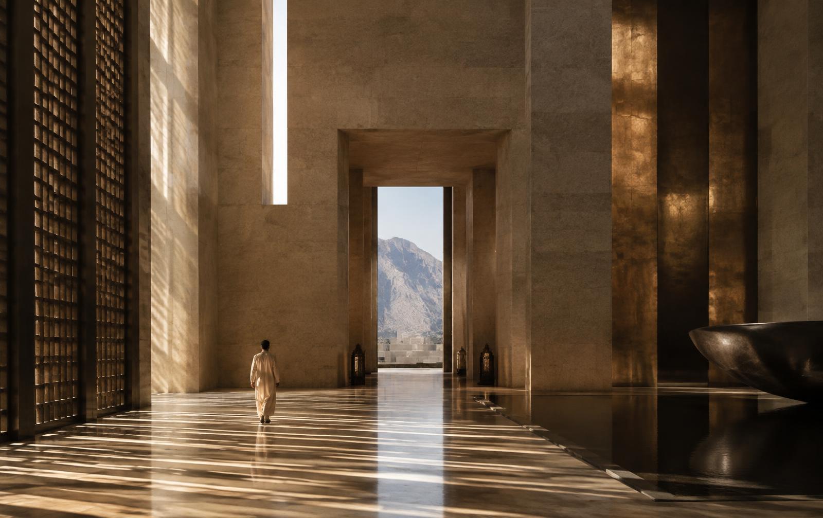Striped light across the polished stone floor of a monumental limestone hall