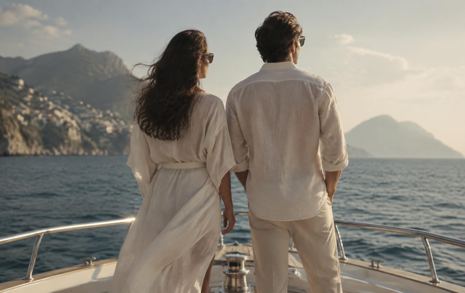 Two travellers in ivory linen at the bow of a yacht, looking toward the horizon