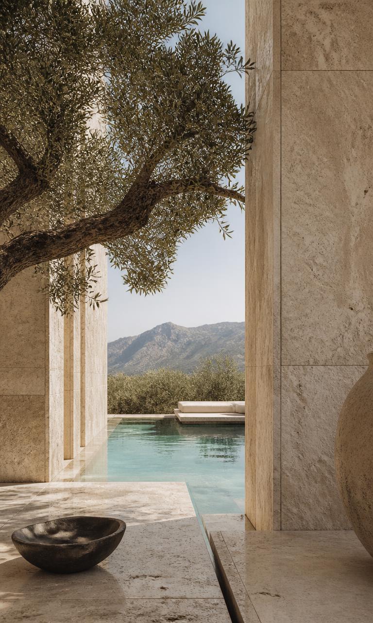 Stone texture, a bowl and an olive tree by the water