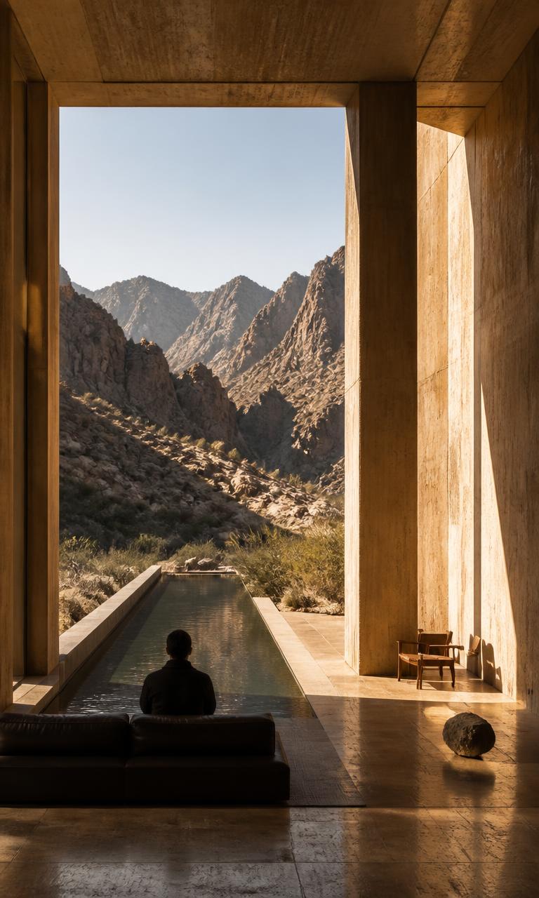 Resort interior opening towards the mountain landscape