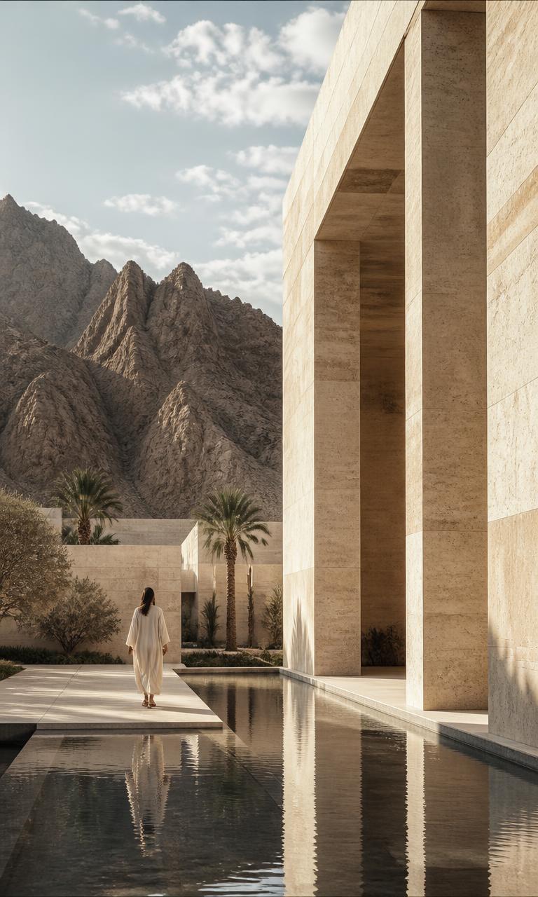 A person walking along a pool among monumental architecture