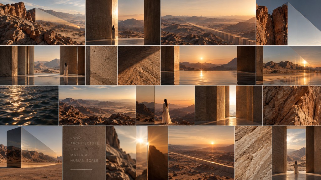 Line of Horizons — Moodboard / Concept Atmosphere: land, light, material, water and human scale along a desert coast.