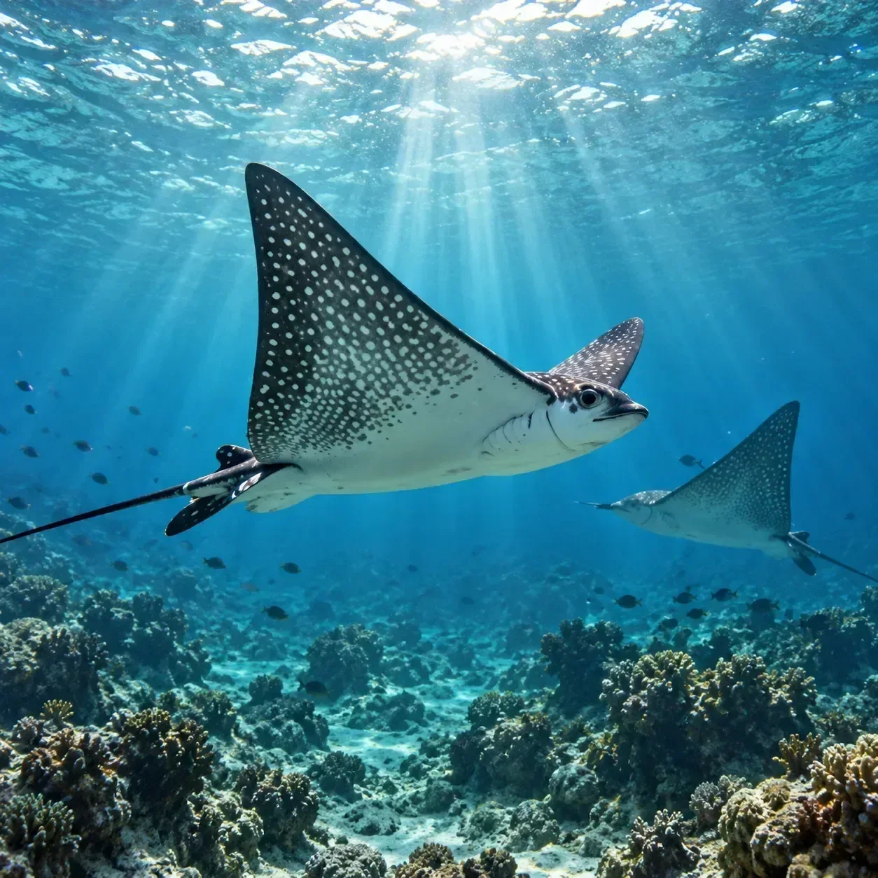 Sunrays falling through deep blue water above a reef, a sea turtle gliding through the light