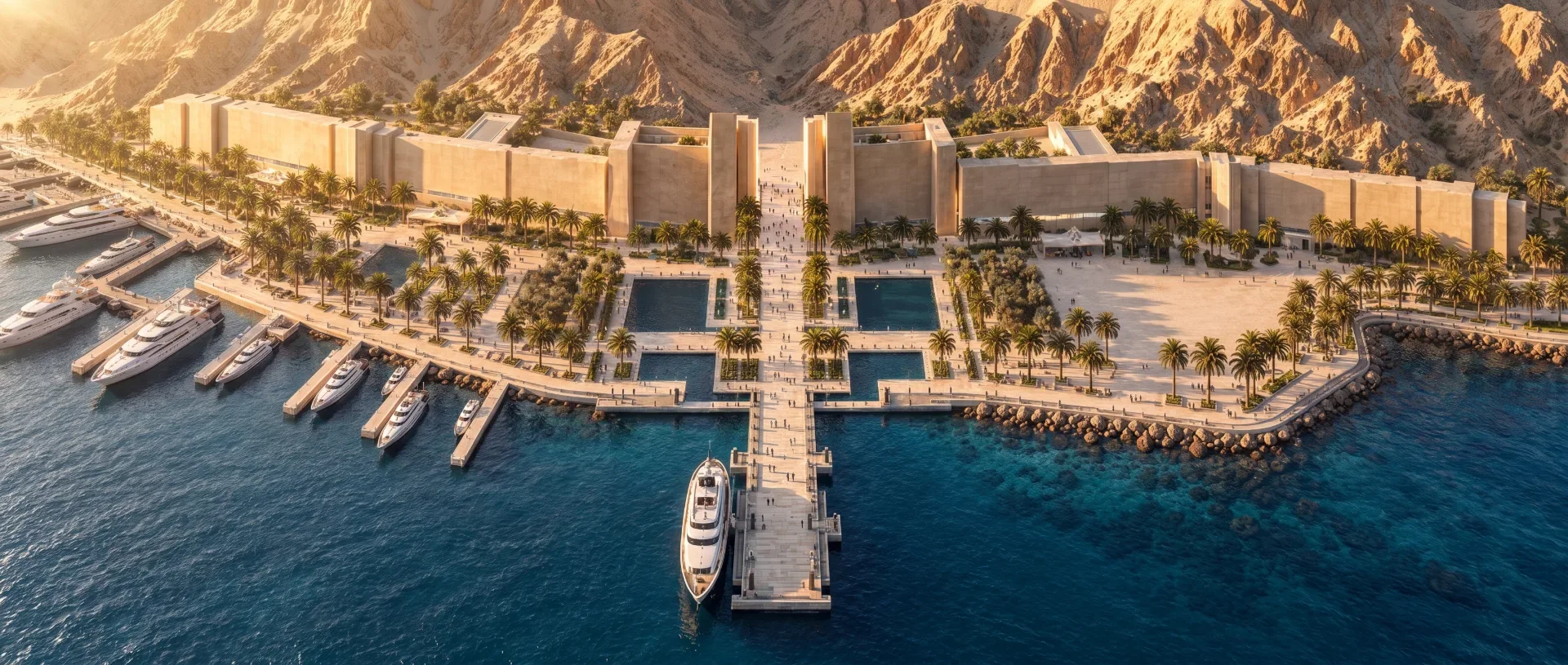 A hazy arid coastline rising from the sea with architecture along the shore