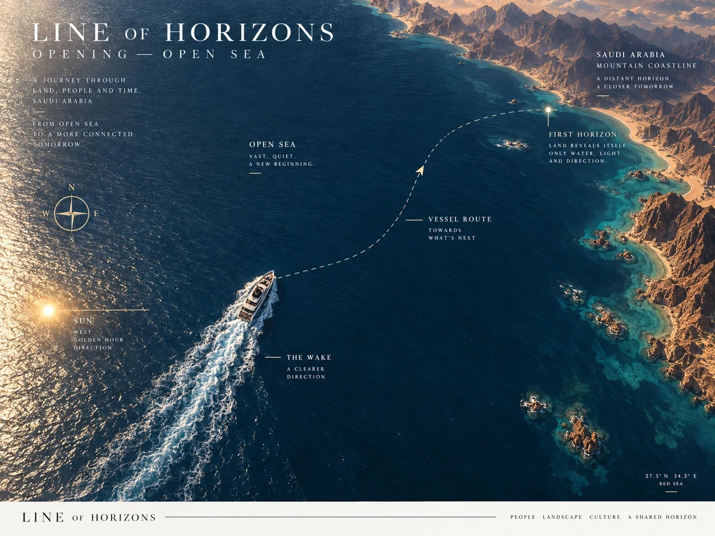Arrival banner — arid mountain coast