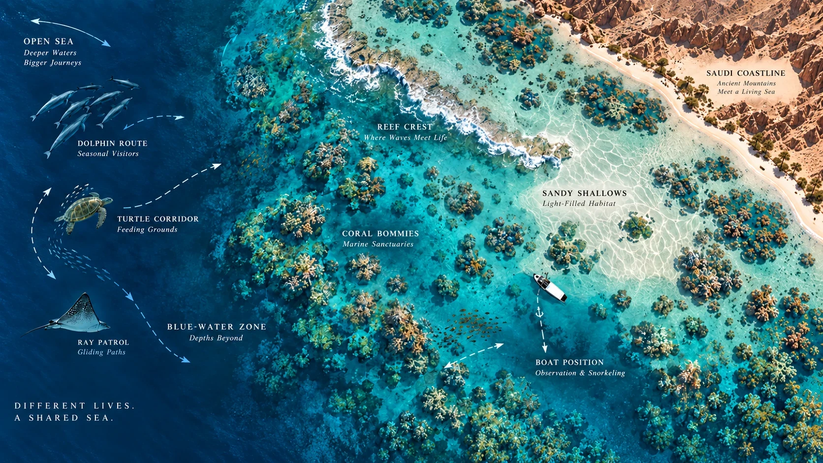 Underwater Prelude map — Saudi coastline, reef zones and marine life routes