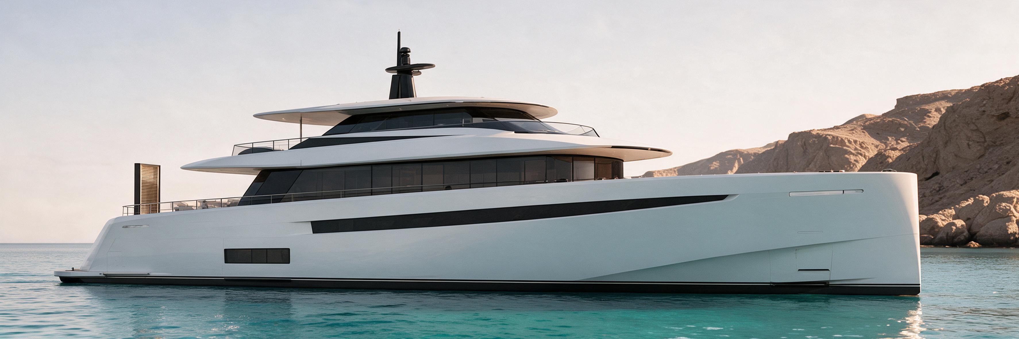 Aurora 42m profile matching drawings — white hull on turquoise Red Sea toward desert cliffs