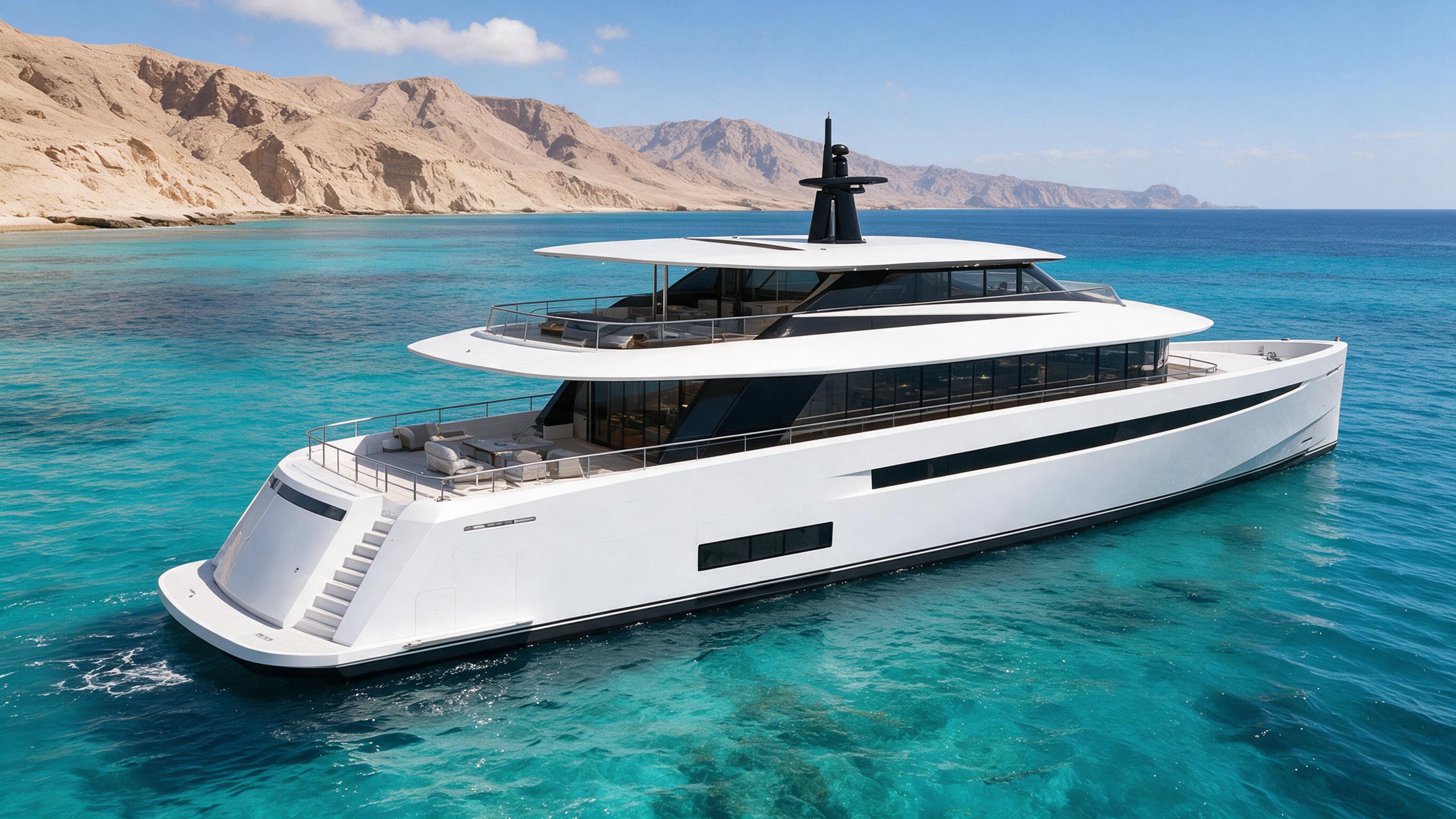 Aurora 42m from drawings — white hull on Red Sea, clean sky, desert cliffs