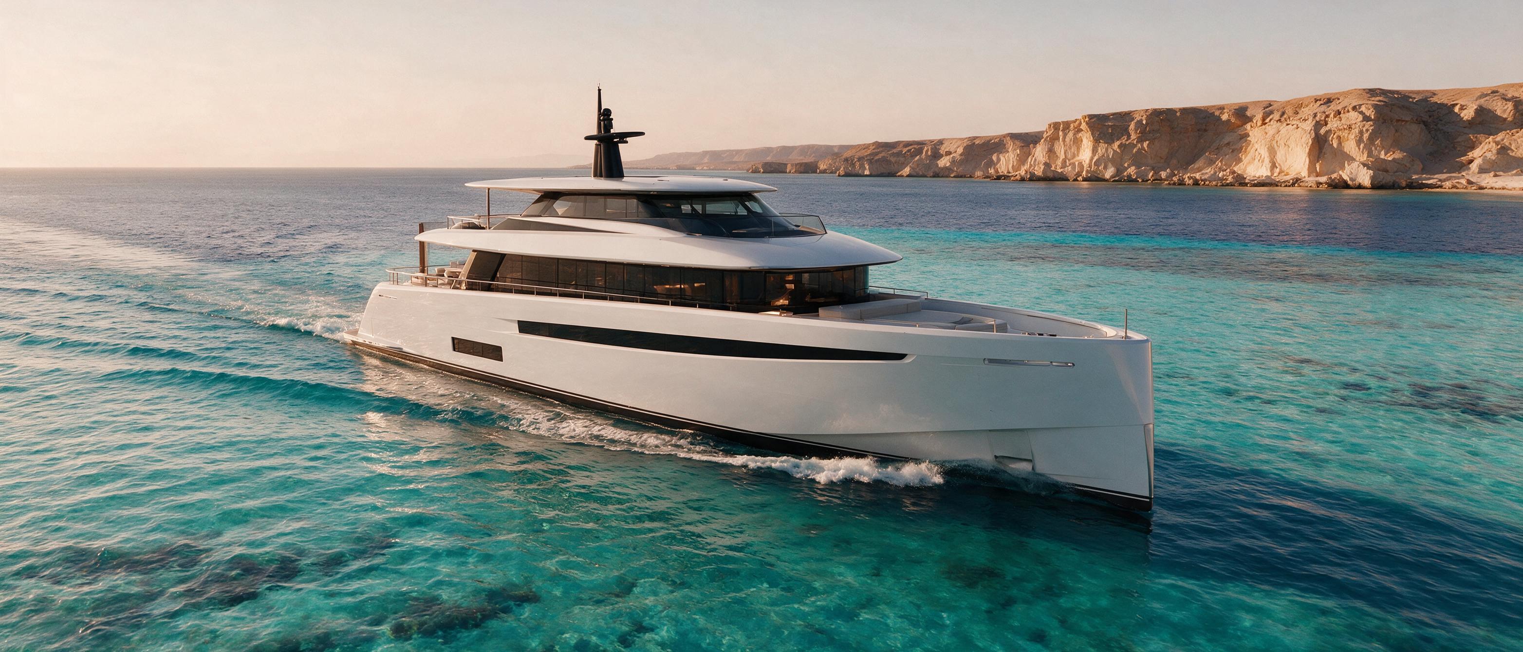 Aurora 42m white hull matching profile — axe bow on turquoise Red Sea toward desert cliffs