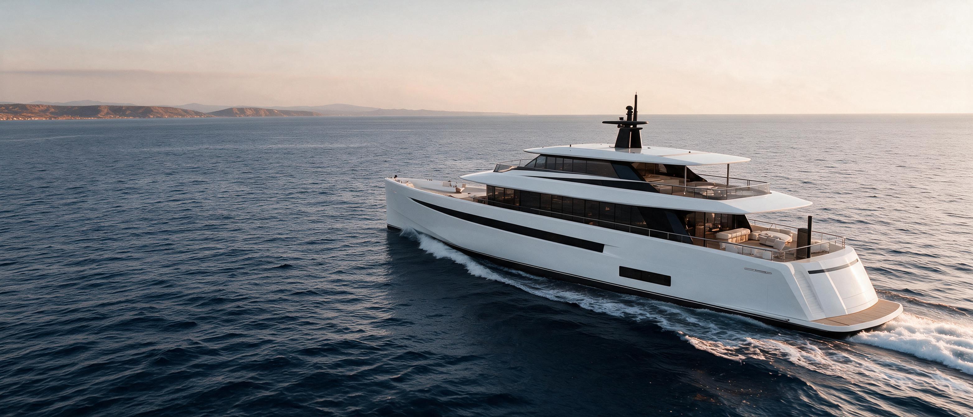Aurora 42m from drawings — white hull underway on open Red Sea at golden hour