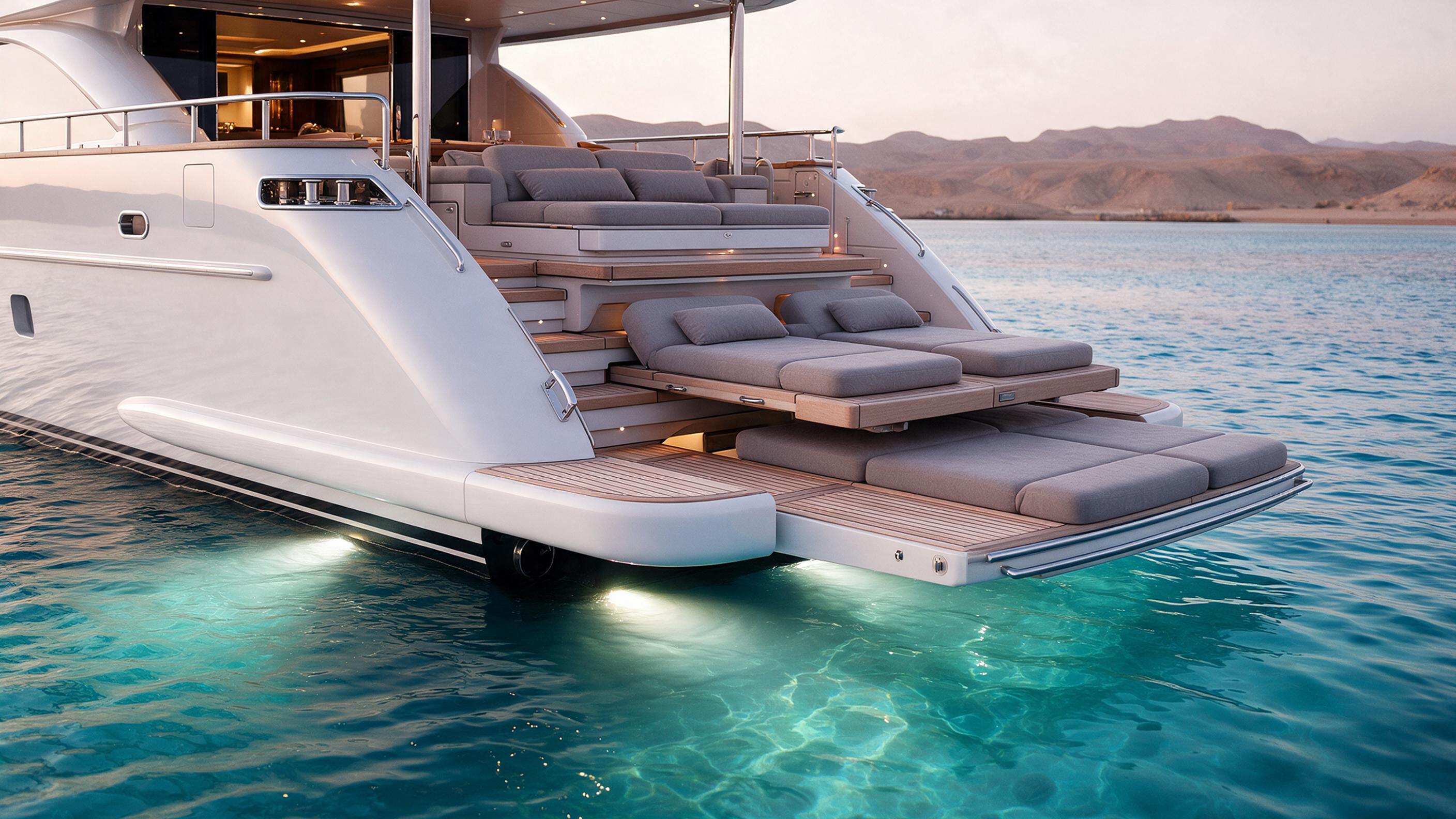 Stern beach club of Aurora white hull at golden hour