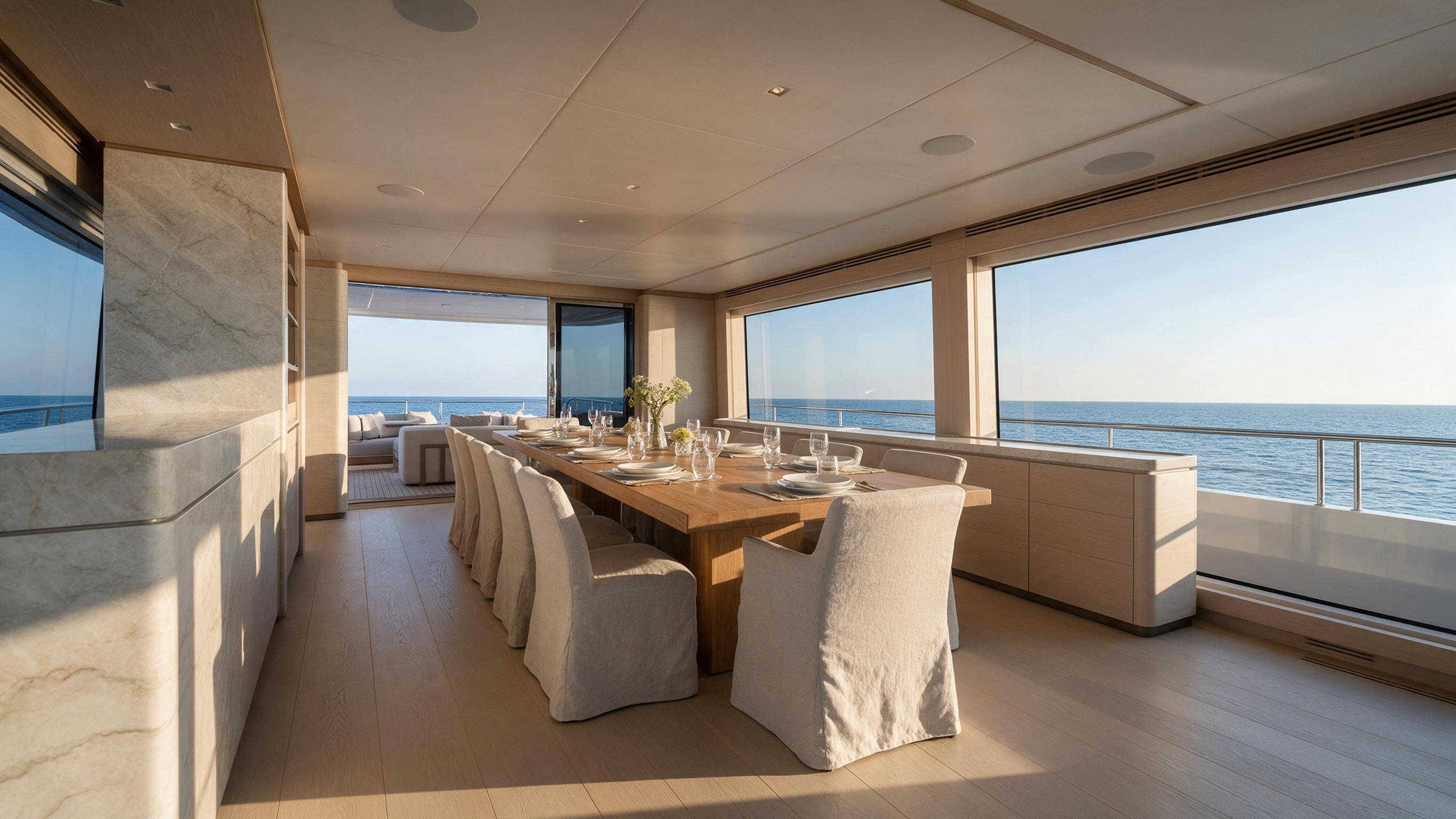 Dining salon aboard Aurora with ocean views
