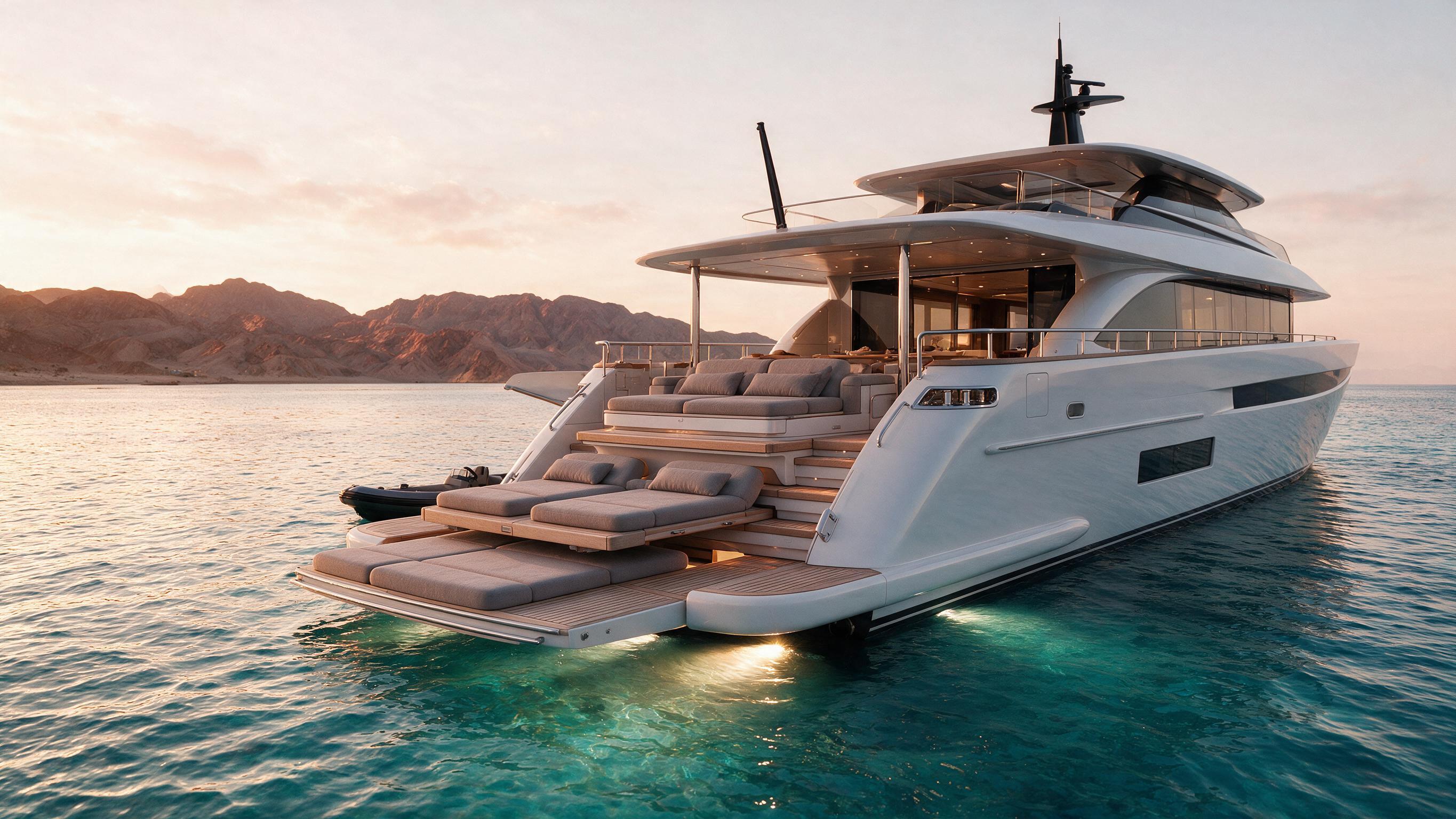 Beach club and swim platform of white-hull Aurora at golden hour