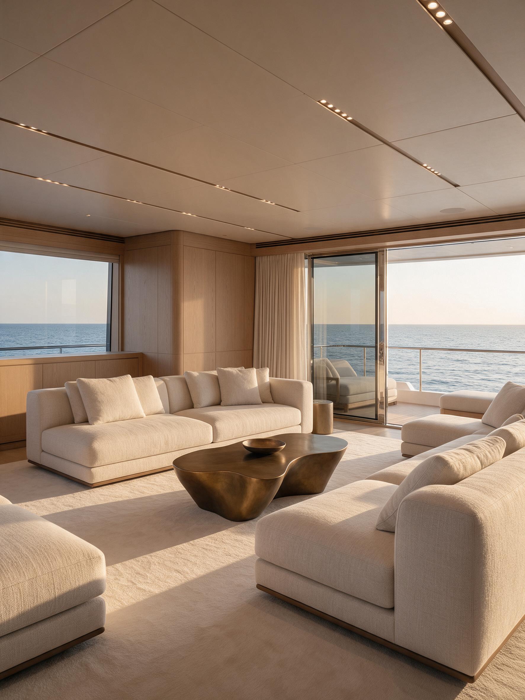 Main salon lounge aboard Aurora with ocean views