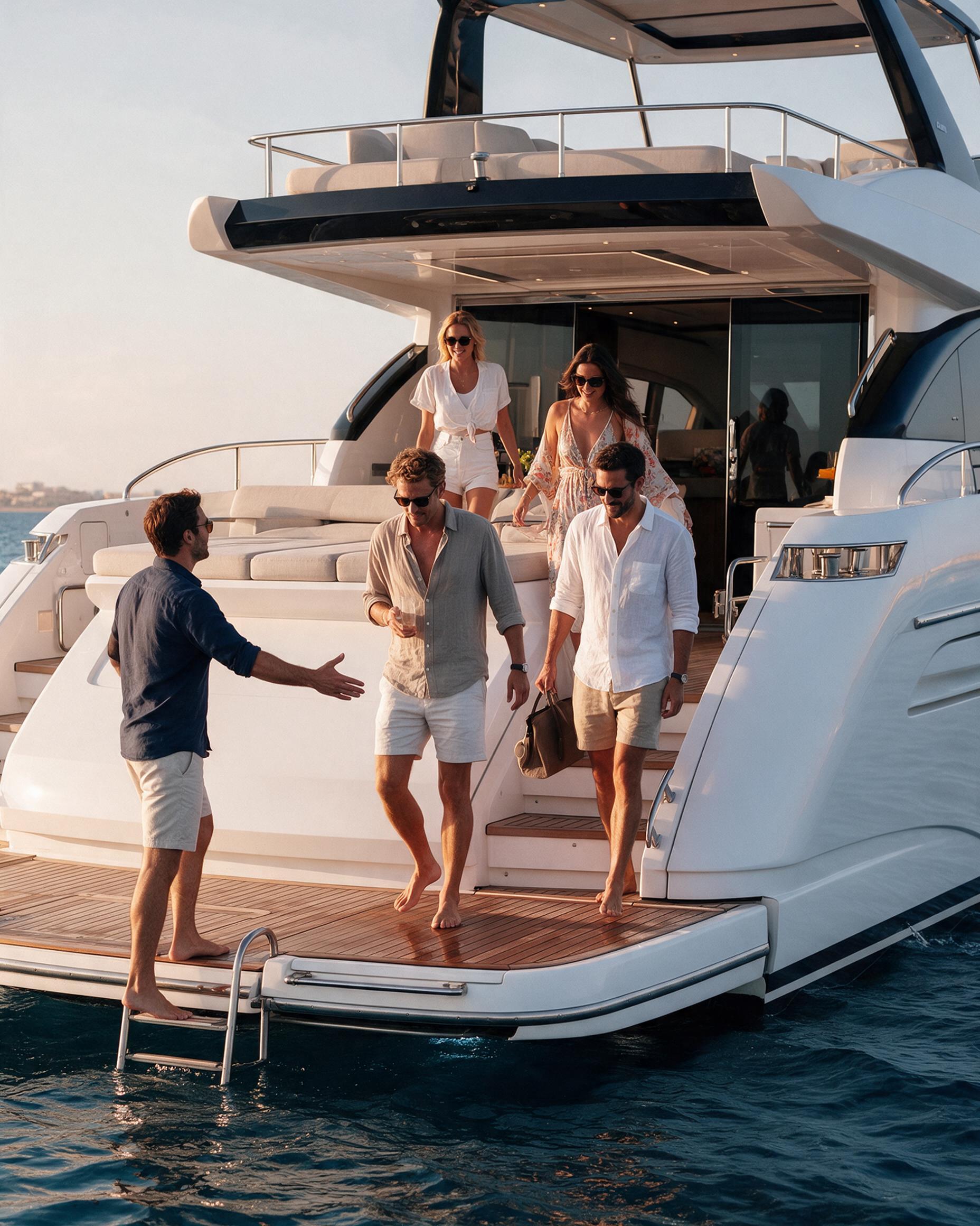 Friends arriving aboard Aurora at golden hour