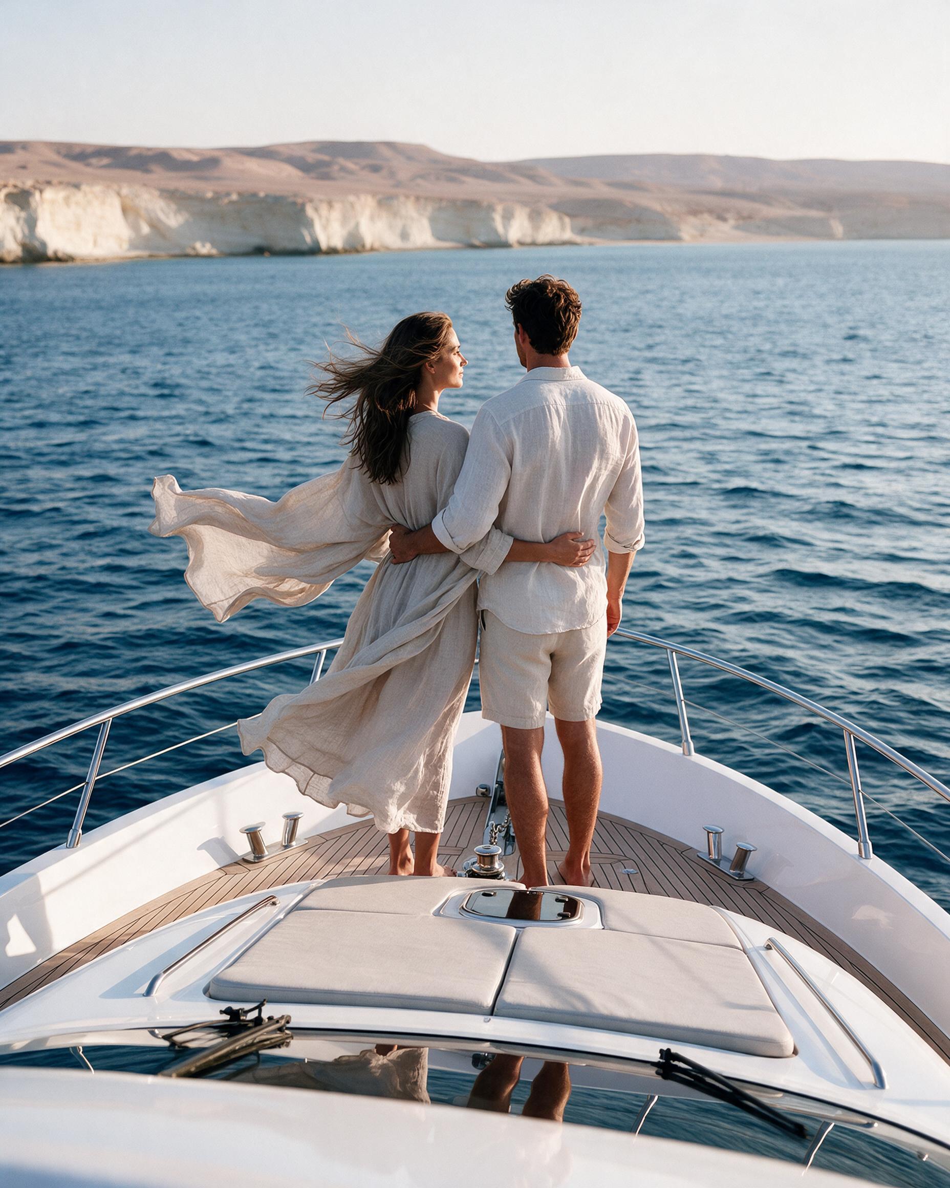 A couple at the bow looking toward the horizon